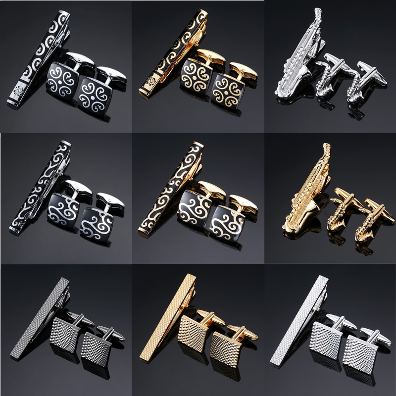 Novelty Cuff links necktie clip for tie pin for men's Hand engraving tie bars cufflinks tie clip set Jewelry