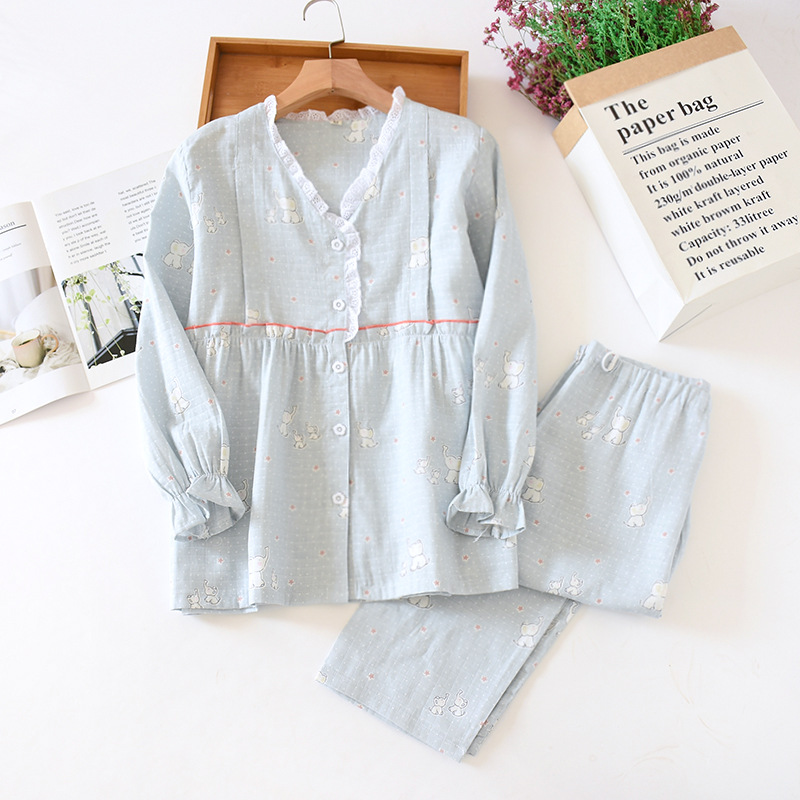Fdfklak 2 stk sæt bomuld barselspleje nattøj forårs nattøj til gravide efterår graviditet pyjamas: Blå / Xl