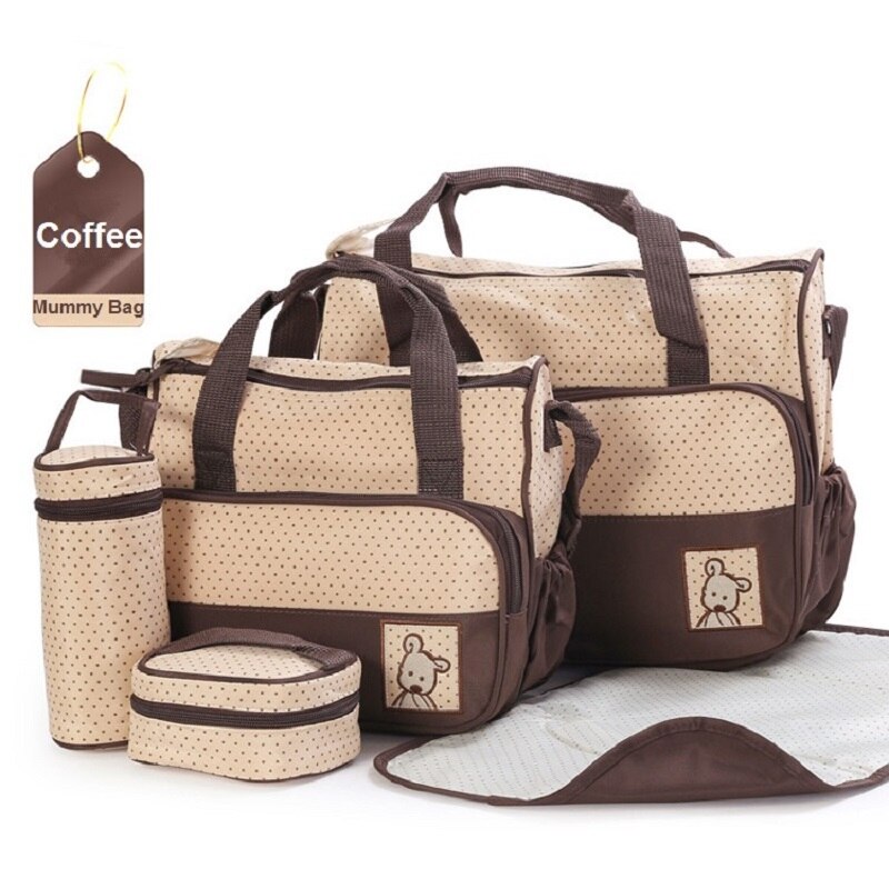 5 unids/set bolsa para pañales de cochecito mami bolsa de gran capacidad bolso de pañales cambiando Pad para el cuidado del bebé con 8 colores: Coffee
