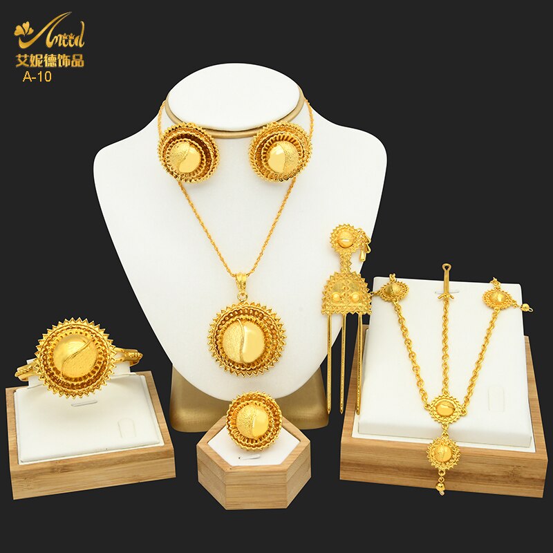 ANIID Dubai Ethiopian Flower Gold Plated 6pcs Jewelry Sets For Women Nigerian Luxury Necklace Jewellery Set Wedding Party: A-10-Gold