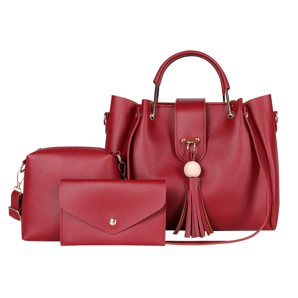 3 teile/satz Reine Farbe Schulter Handtasche Dame Leder Quaste Umhängetasche Tote: Rot