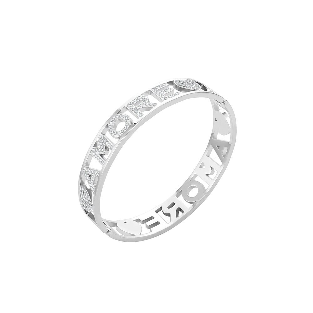 Bijoux en acier inoxydable pour femmes, bracelet large, cristal blanc, lettres cœur, manchette romaine épaisse, , nouveauté: silver