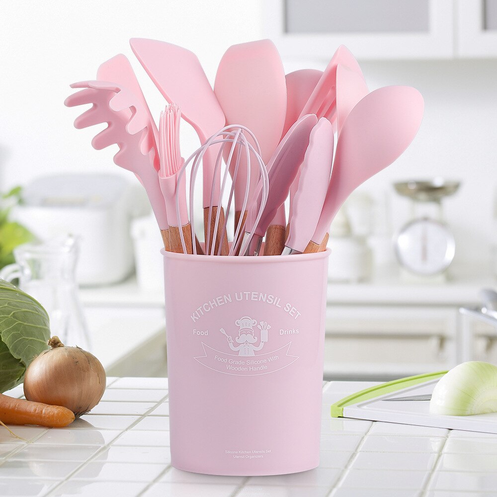 Utensilios de cocina antiadherentes de silicona, cuchara densa, espátula, batidores de huevos con mango de madera, vajilla