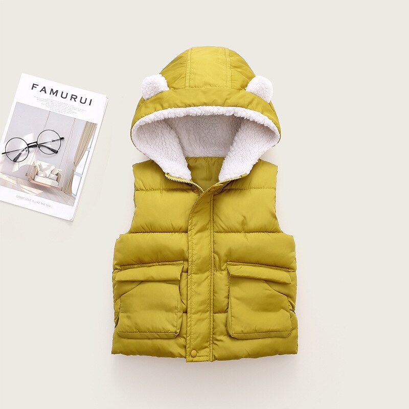 Spädbarn baby barn vinter huva varm tjock väst flickor pojkar avslappnad väst tre färger: Gul / 90 för 70-80cm