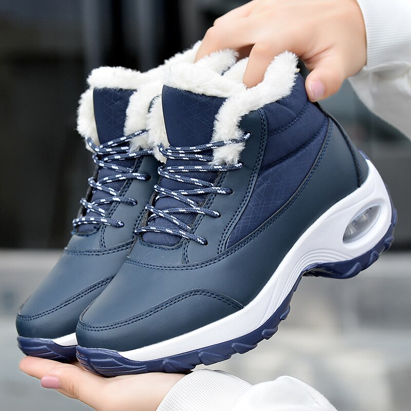 Leather Women Swing Shoes Lace Up Fur Warm Loss Weight Toning Shoes Wedge High Top Height Increasing Slimming Sneakers: Blue / 37