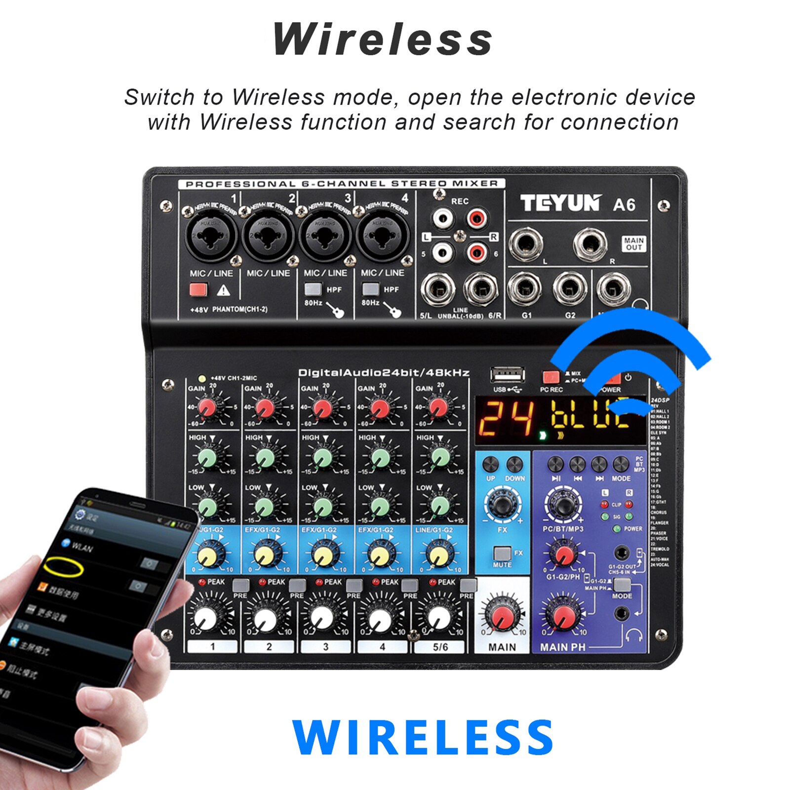 Wireless 6-Channel Audio Mixer Portable Sound Mixing Console USB Interface Computer Input 48V Phantom Power Monitor for Input