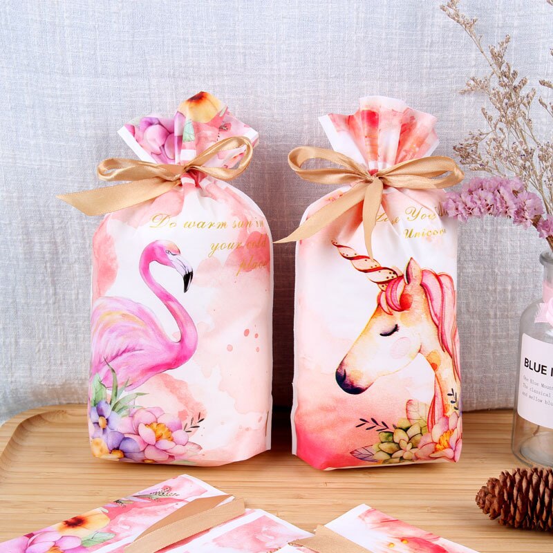 50pcs Flamingo Unicorn Plastic Drawstring Bag Candy Bag Valentine's Day Birthday Party Wedding Decor Festival Event Supplies