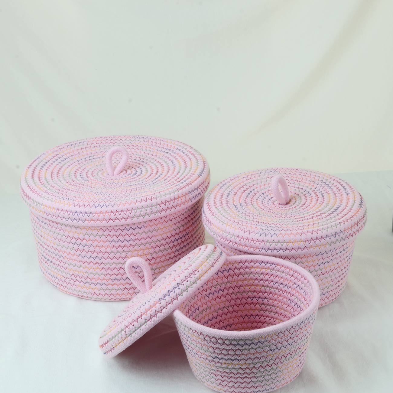 Students Cosmetics Snacks Round Cotton Rope Storage Basket Finishing Basket Storage Basket with Lid Dust-proof Storage Box: M / green