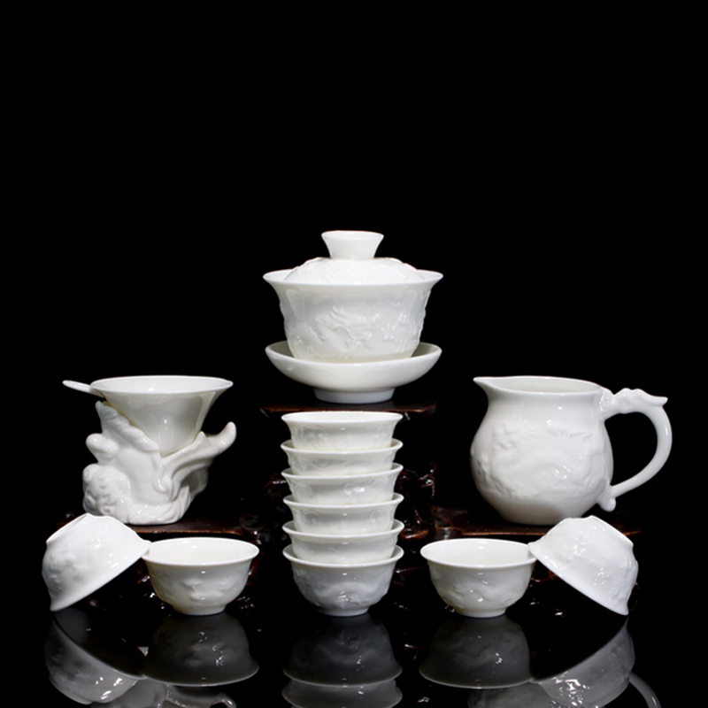 Bone China Ceramic Kung Fu Tea Set Relief Dragon Porcelain 14pcs of Tea Suit with Gaiwan Tea Cups W $