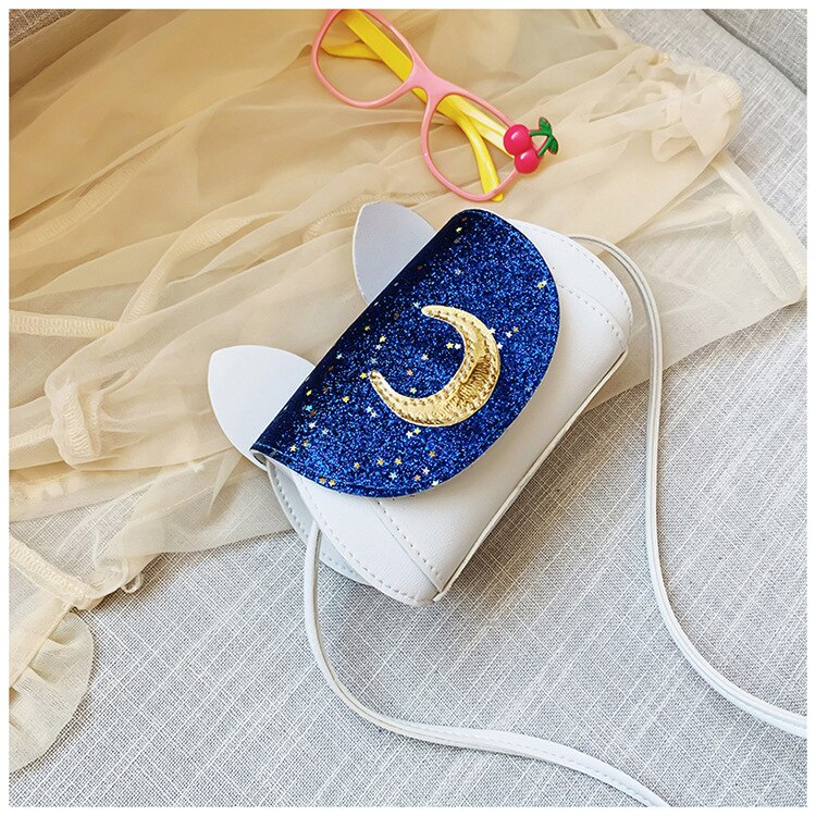 Baby Girl's Handbag Stylish Moon Pattern Sequin Cross Body Bag with Cute Cat Ears Kids Children Bags: Blue