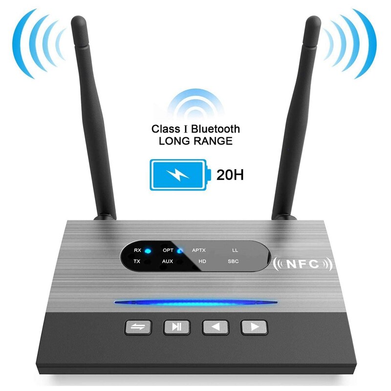 Long Range Bluetooth 5.0 Transmitter Receiver Wireless o Adapter Low Latency AptX Optical NFC RCA AUX 3.5mm