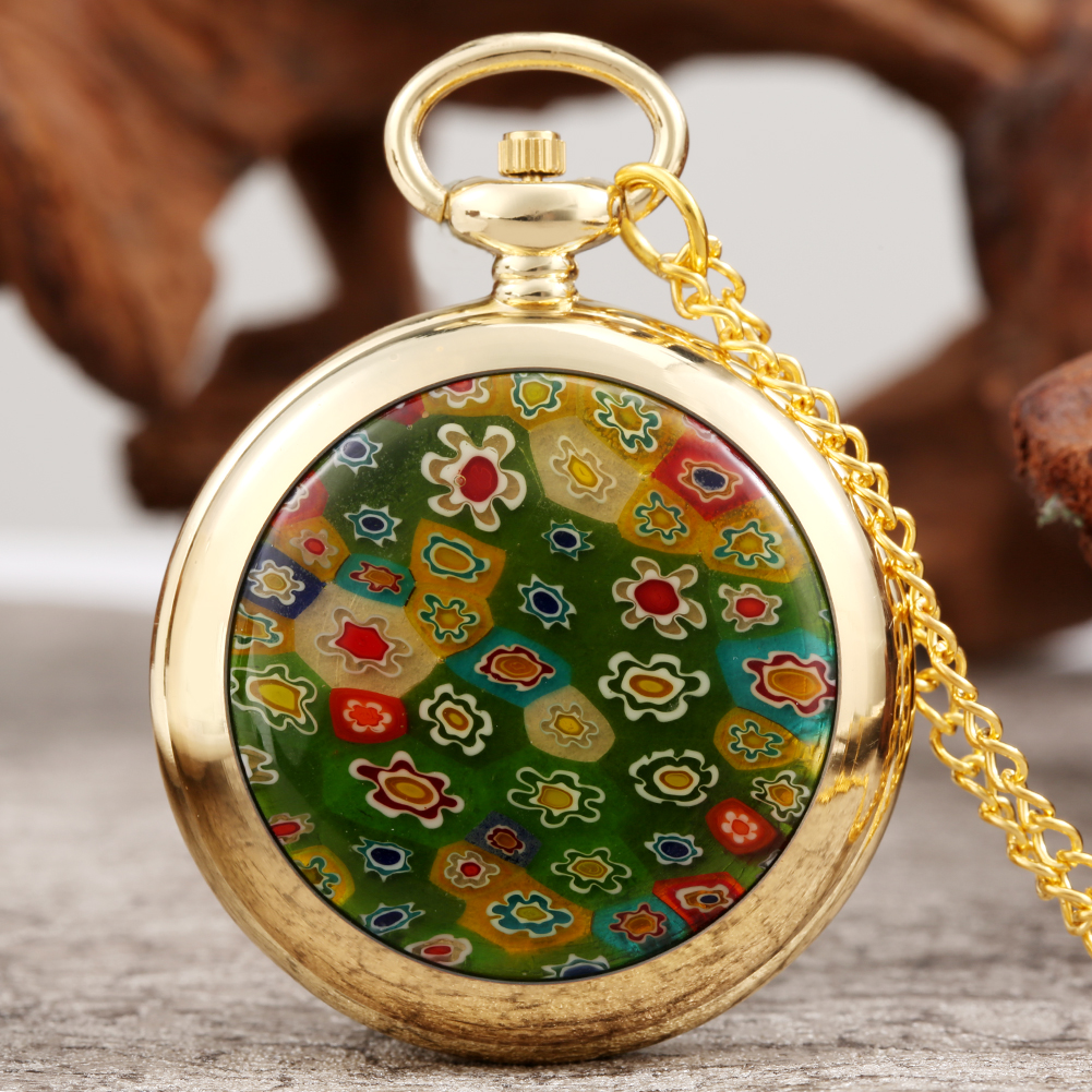 Girls Golden Style Pocket Watch Fashionable Colorful Flowers Pendant Watch Shell Chain Birthday Reloj De Bolsillo