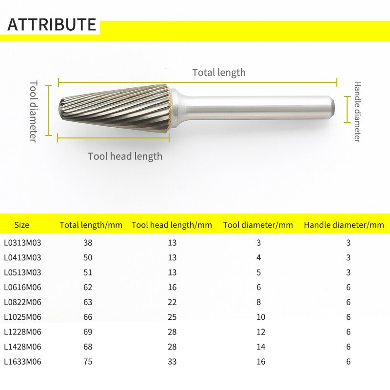 Tête de meulage dure en acier de tungstène, alliage métallique, fraise à dôme conique de type L, 1 pièce