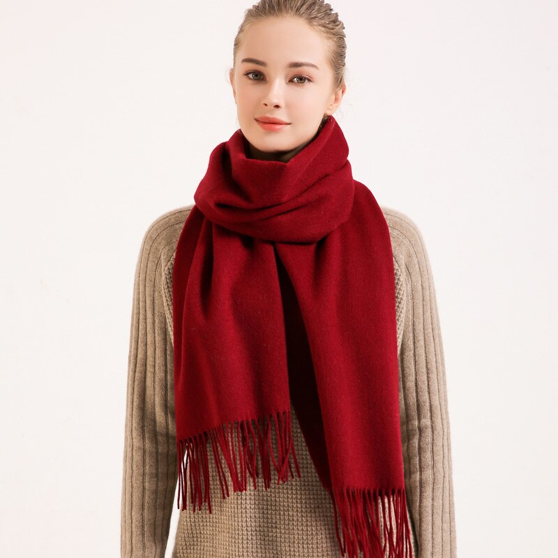 Vinter uld tørklæde kvinder solid rød echarpe wraps til damer foulard femme med kvast varm merino uld tørklæder kashmir