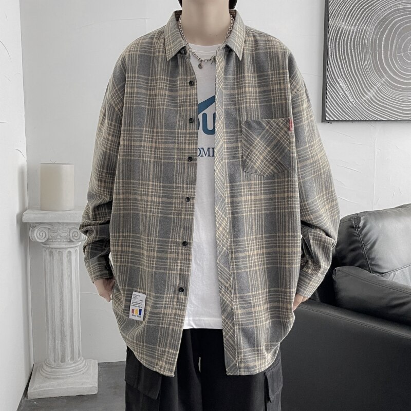 Korean Man Vintage Plaid Blouses Oversized Tops – Grandado