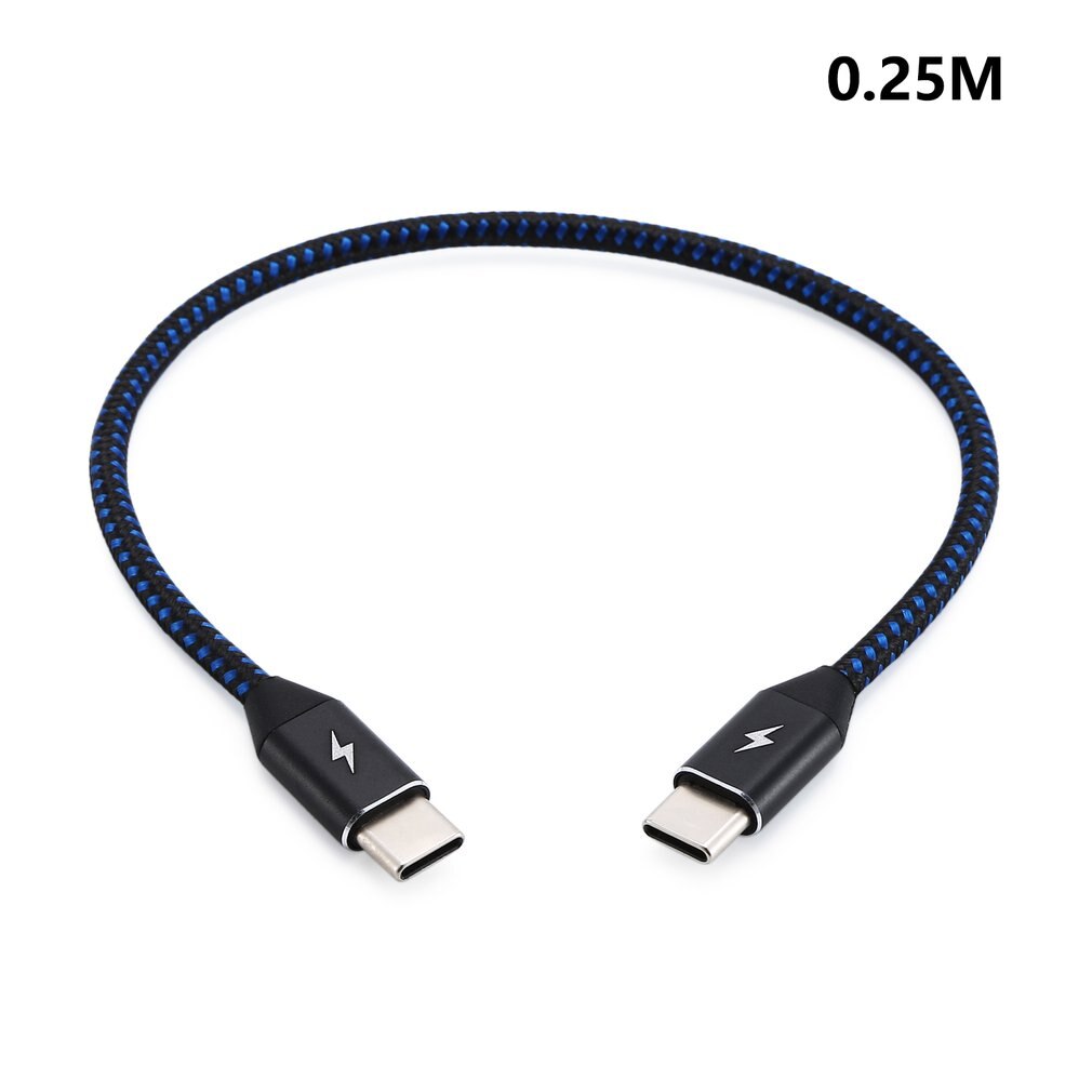 Double head type c data cable C to C male to male Type-c braided data cable 3A pd fast charging data cable: Black 0.25m