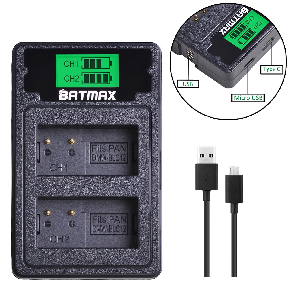 2x dmw-blc 12 blc 12e dmw blc 12 batterij + ingebouwde led usb dubbele oplader voor panasonic lumix  fz1000 fz200 fz300 g5 g6 g7 gh2 gx8