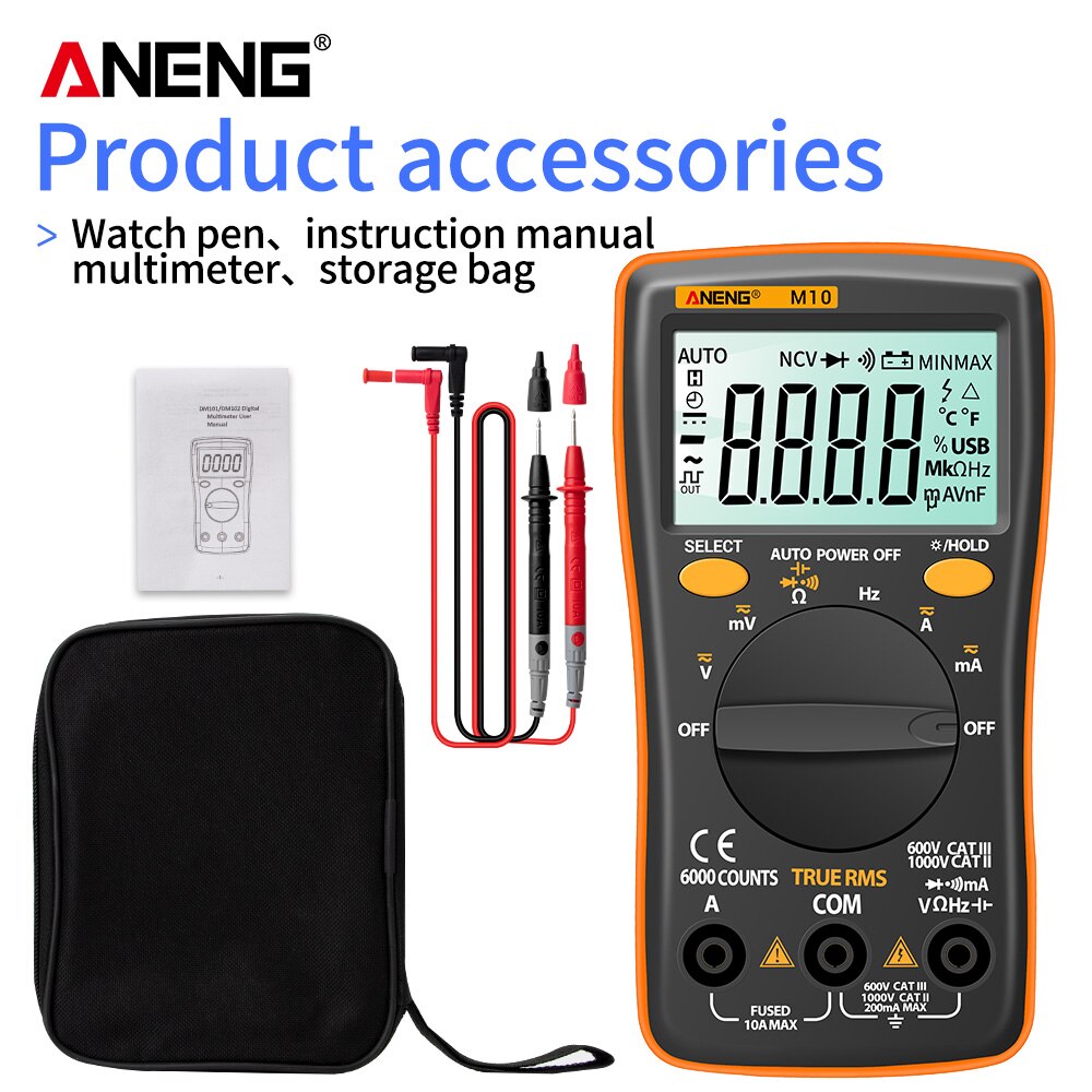 ANENG M10 Digital Multimeter Transistor Tester Analog 6000 counts Multimetro Profesional Capacitor Inductance Meter rm101/zt102: M10 Orange