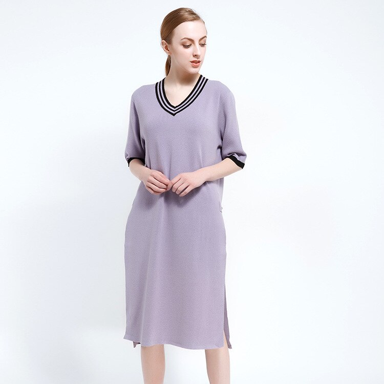 Lente Casual Mode vrouwen Trui Truien Half mouwen Trui Jumper V-hals Gebreide Vrouwelijke Effen Jurk: Purple