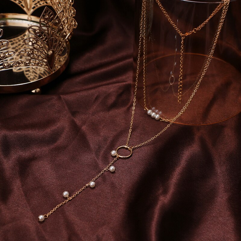 Multilayered Pearl Pendant Choker Necklace for Women Boho Sweater Chain Jewelry Female Accessories AM6058