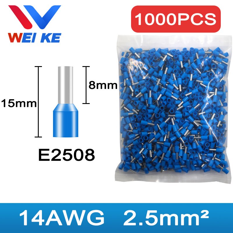 1000PCS/ Pack E0508 E7508 E1008 E1508 Electrical Wire Connectors Insulated Cold Pressed Terminal Ferrules Tubular Crimp Termin: E2508 - 1000PCS