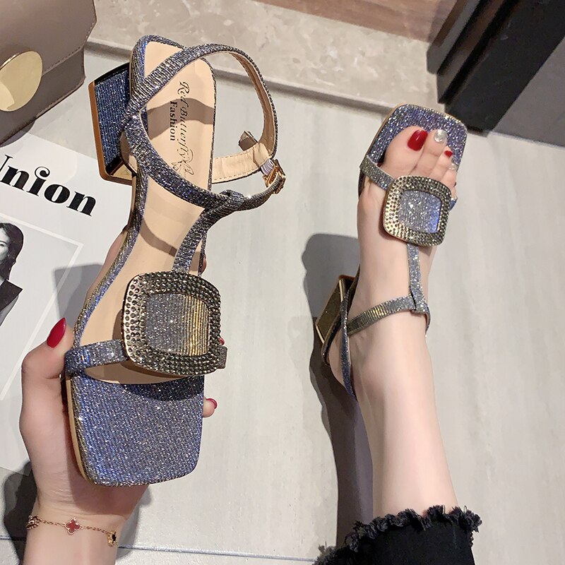 Zomer dames sandalen luxe glanzende strass schoenen meisje blauw hoge dikke hak romeinse schoenen casual avond feest sandalen: Blauw / 8