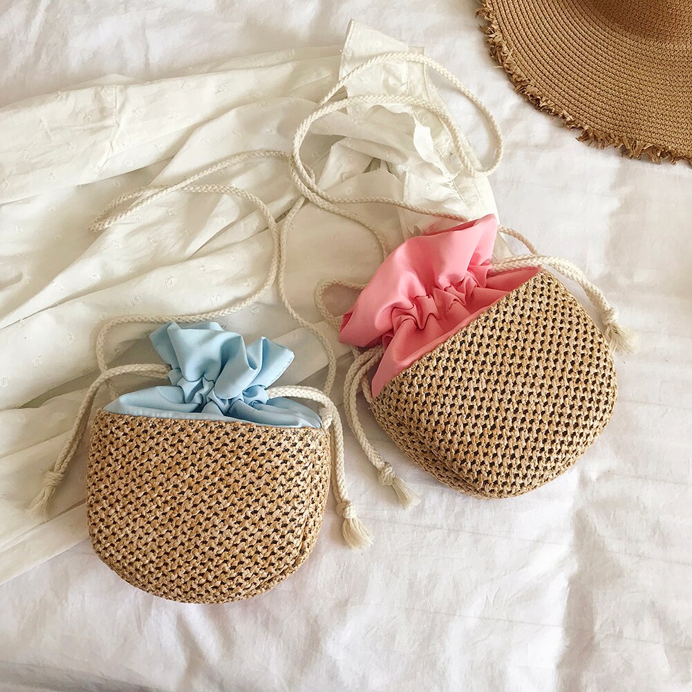 Trekkoord dames stro tas geweven schouder vakantie dames schoudertas portemonnee strand handtassen