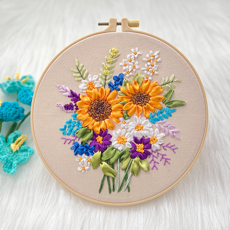 Kit de bordado de cinta de flores hechas a mano en 3D para principiantes y adultos, decoración de pared del hogar, imágenes colgantes: 20 x 30 cm / Borgoña