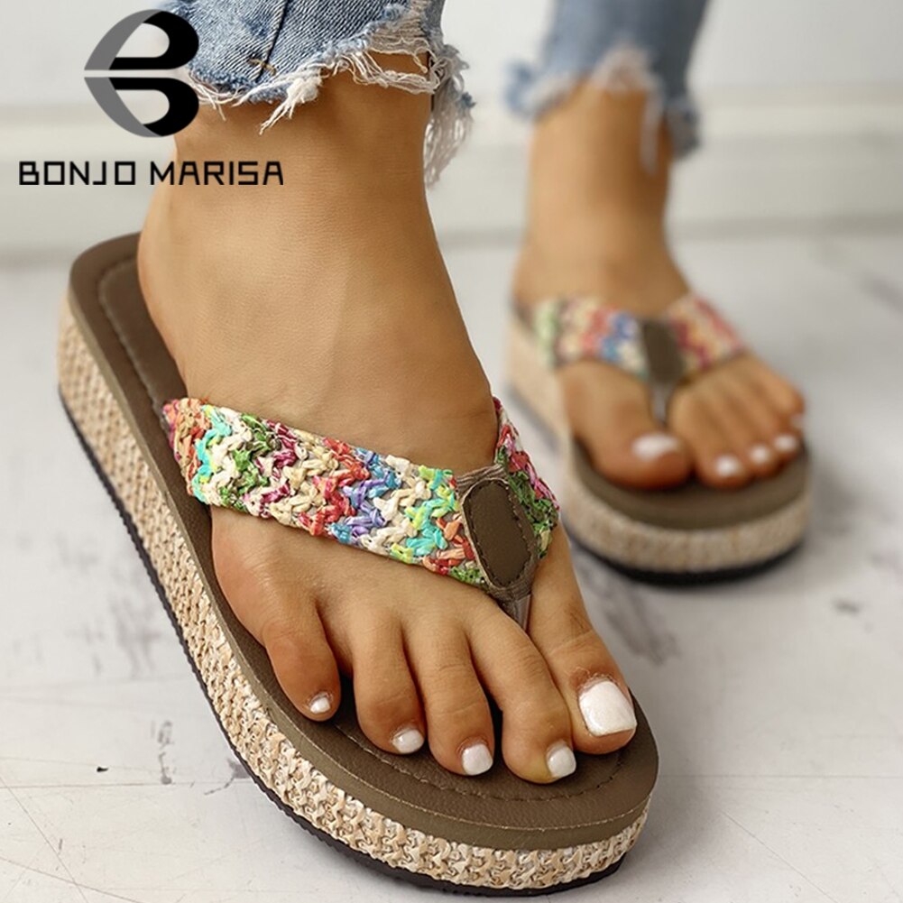 Bonjomarisa ins beach flip flops bekväma casual platt plattform tofflor kvinnor sommar låga kilar skor kvinna