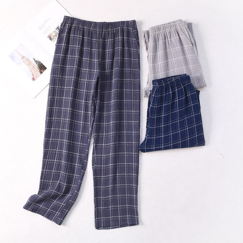 Mens Plaid Gauze Sleep Bottoms Knitted Cotton Lounge Wear Loose and Soft Pyjamas Trousers Plus Size Sleepwear Home Pants