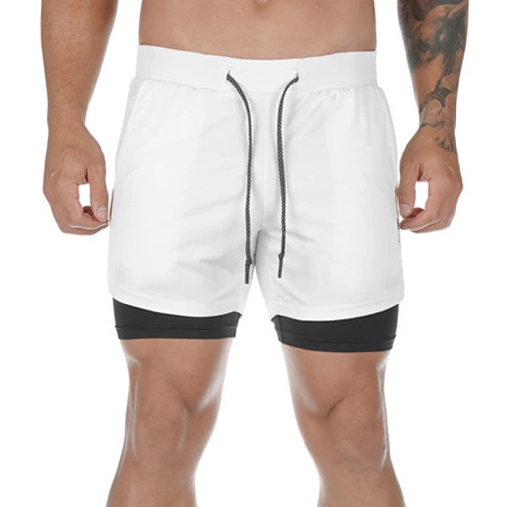 Zomer Sportbroek Mannen 2 In 1 Sneldrogende Zakken Binnen Training Quick Dry Running Sport Korte Broek Jogging Fitness shorts: WH / L