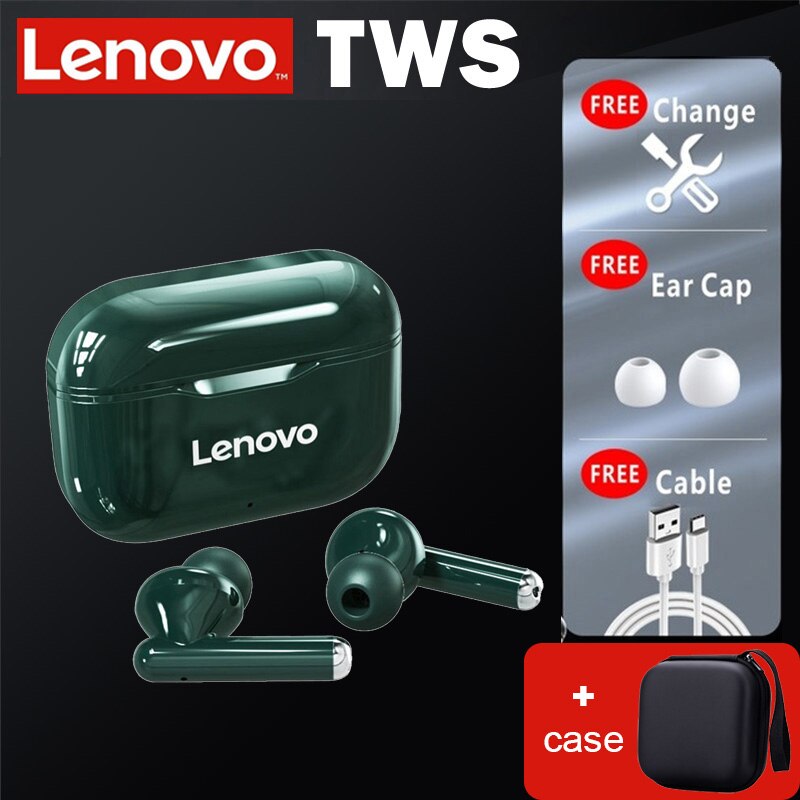 Lenovo LP1 TWS Earphone Bluetooth 5.0 Wireless Headset Waterproof Sport Earbud Noise Cancelling Headphones Dual Stereo HIFI Bass: green with case