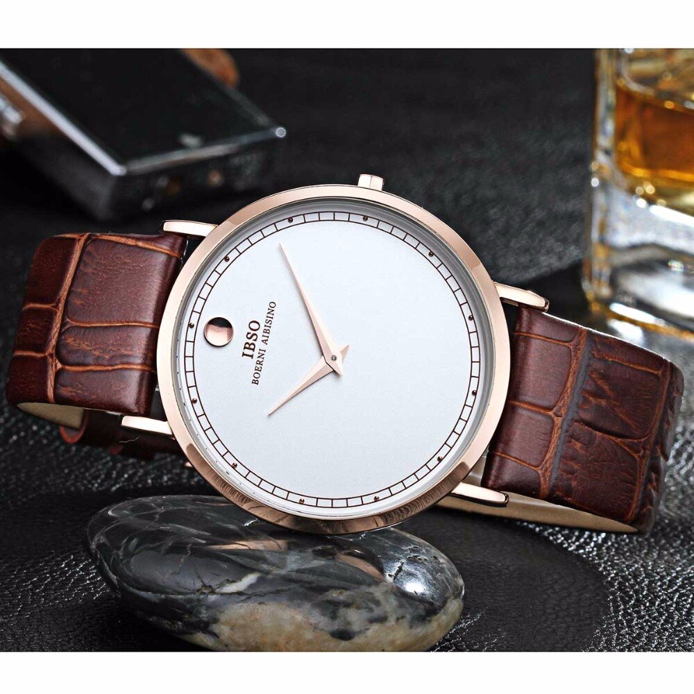 IBSO Eenvoudige Stijl Ultra Dunne Heren Horloges Quartz Horloges Lederen Band Casual Horloges B2220G