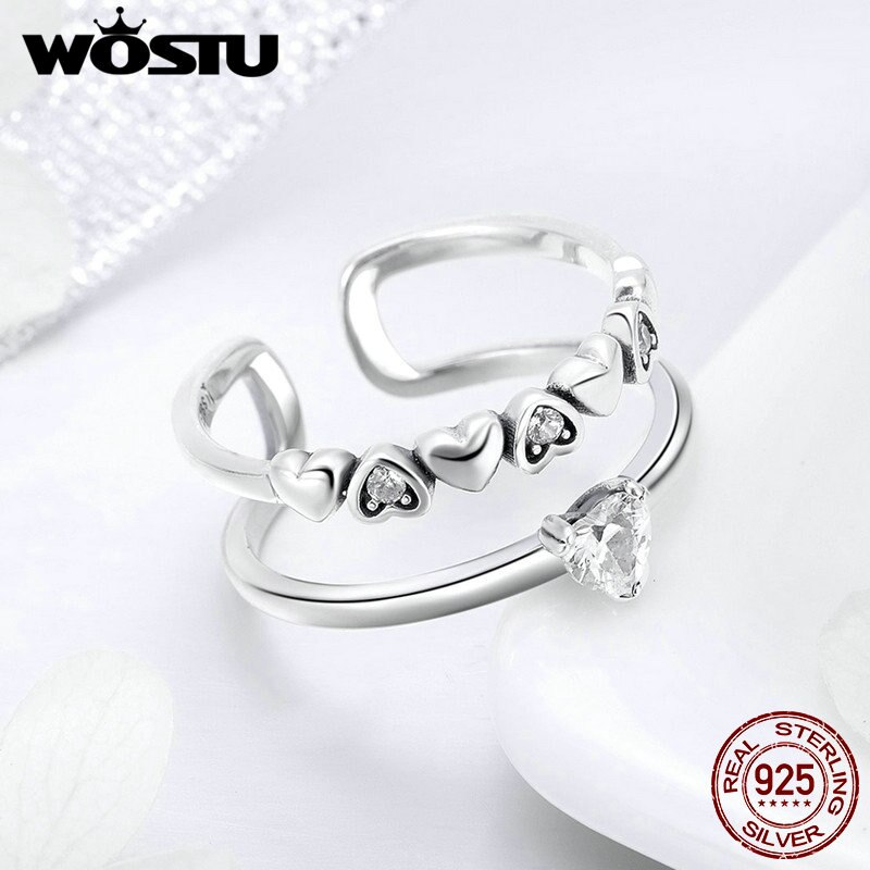 Wostu real 100% 925 prata esterlina coração nupcial claro cz aberto anéis para mulheres moda jóias festa de casamento anel de prata cqr429