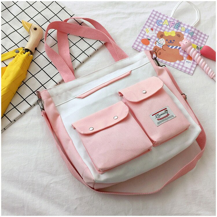 Women&#39;s Double Pocket Canvas Bag Trend Single Shoulder Bag with Lid Zipper Messenger Bag Tote Bag Student Tuition Bag: Pink-no pendant