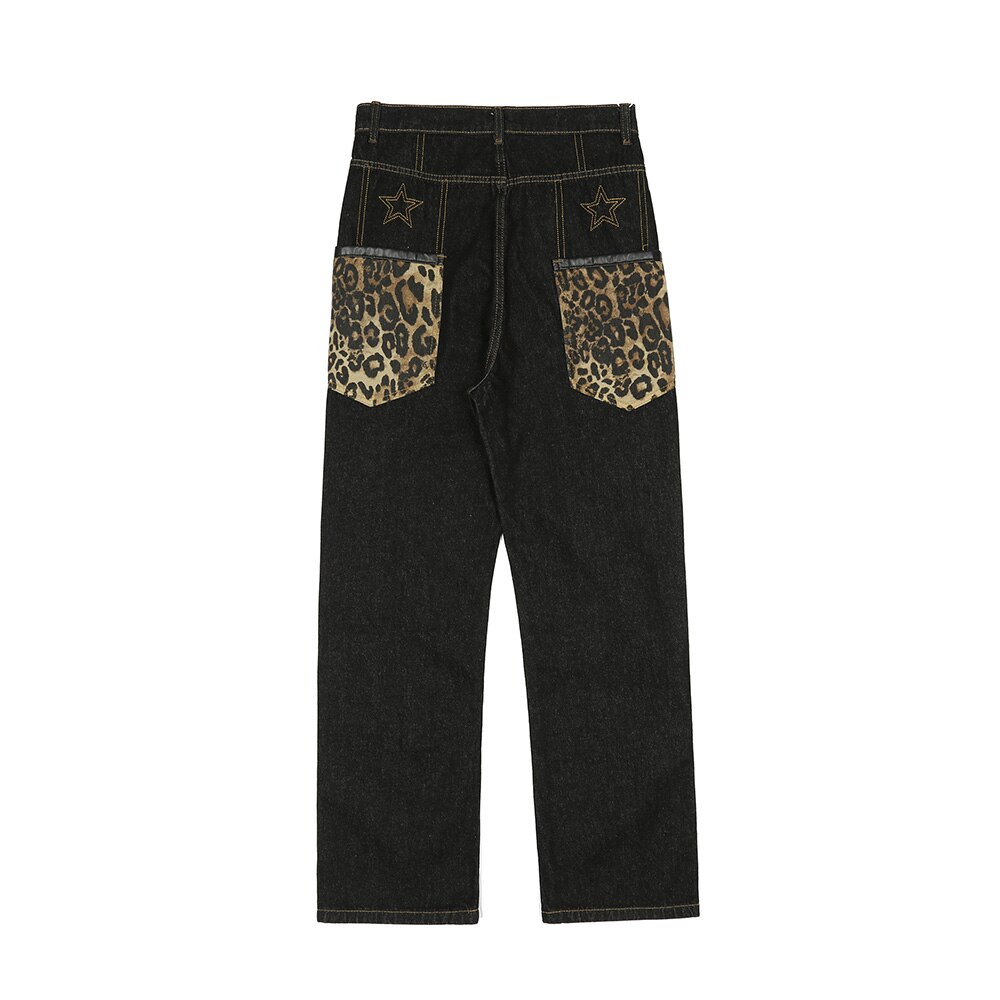 Pantalones vaqueros con estampado de leopardo para hombre, Jeans con paneles de contraste, ropa de calle, pantalones sueltos de pierna recta: M