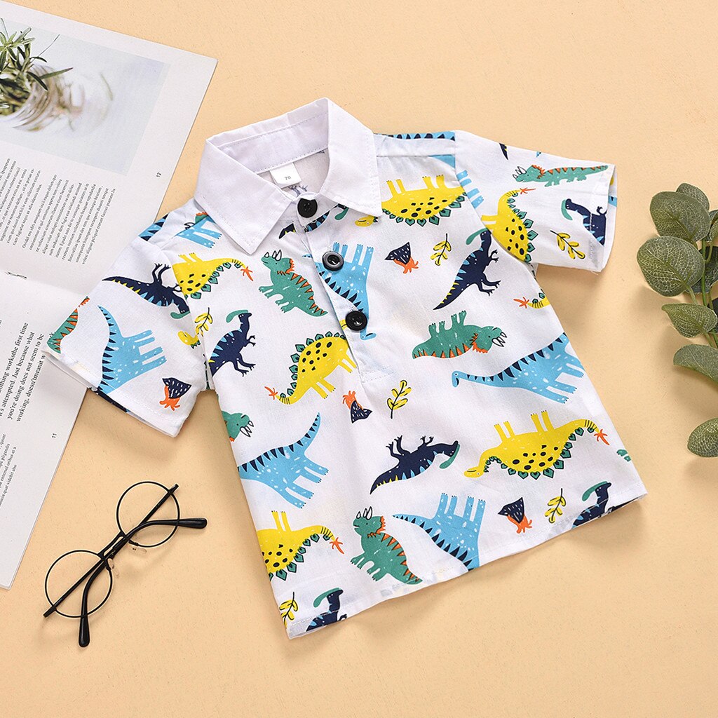 Kids Boys Cute Cartoon T-shirts Summer Baby Boys Turn-down Collar Short Sleeve T-shirts Cartoon Dinosaur Print T-shirt#P30