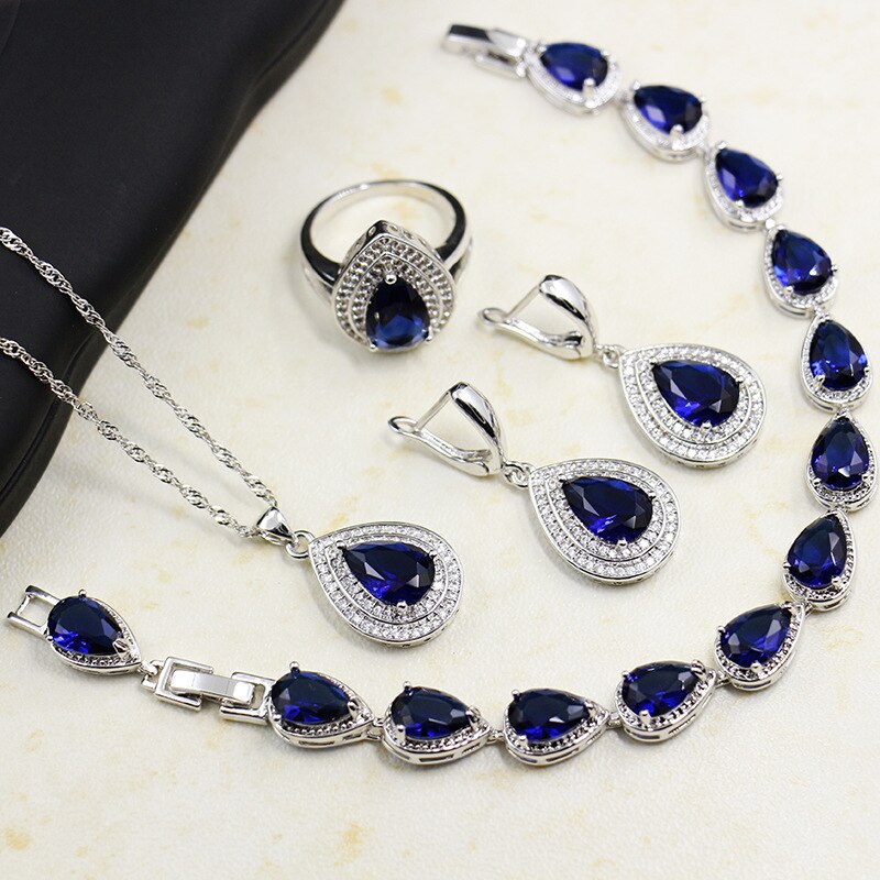 JoiasHome 925 Sterling Silber Schmuck Set Blue Sapphire Edelsteine Herz Geformt Tropfen Braut Zubehör 4 teile/los