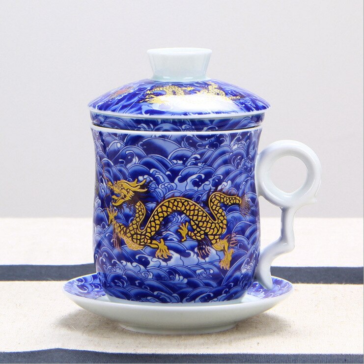Cuatro juegos de tazas de té de cerámica filtrada, tazas de té y tazas de beber decoración de granja Gaiwan decoración de la habitación de porcelana azul: D