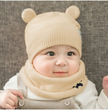 2 -delad nyfödd höstvintermössa haklapp baby söt björn baby print stereoörat stickad hatt småbarn barnullskeps för barn: Beige