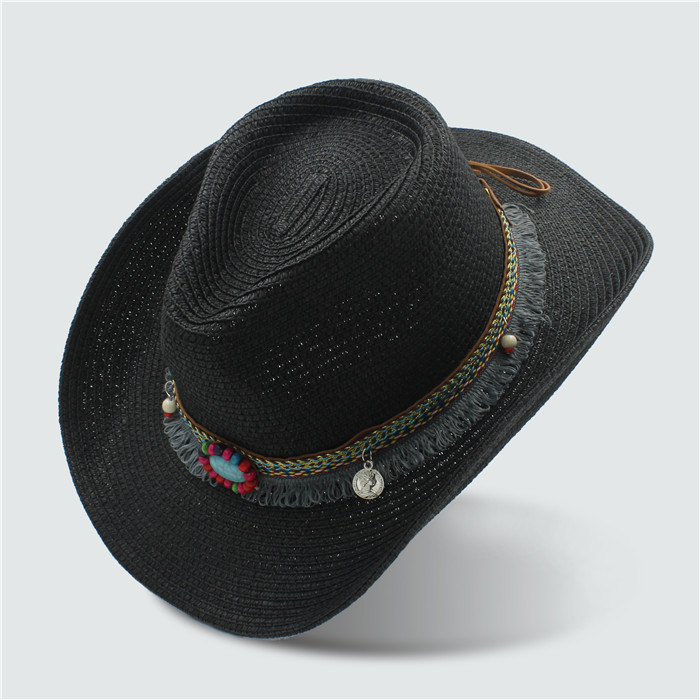 Handarbeit Sommer frauen männer Hohl Western Cowboy Hut Für Gentleman West Wort Cowgirl Jazz Kappe Sommer Stroh Strand Sonnenhut: Black