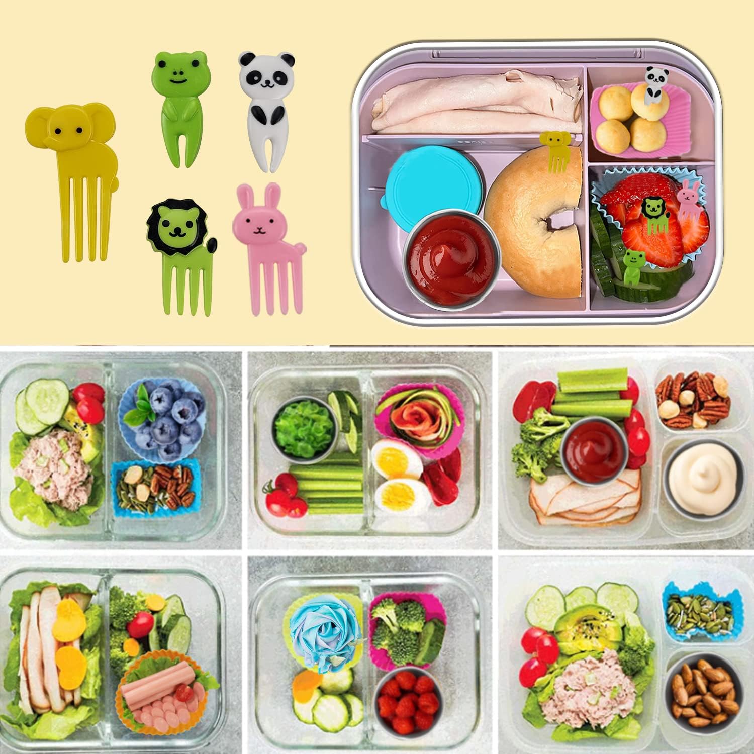 Juego de accesorios para fiambrera Bento escolar para niños con divisores de fiambrera de silicona/horquillas pequeñas para fruta, selecciones de comida/forro de silicona para magdalenas