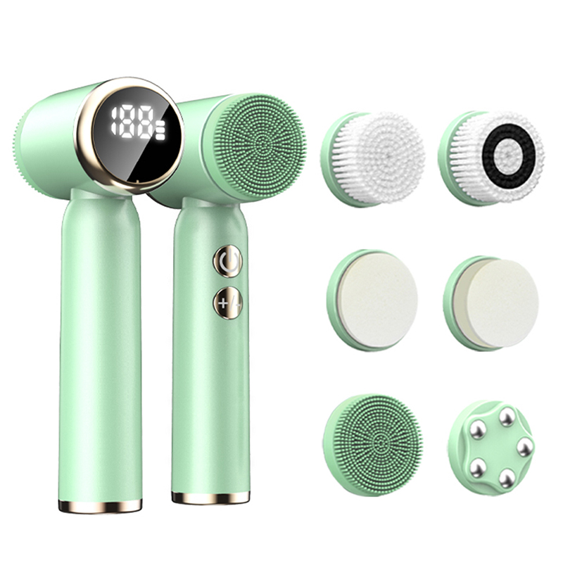 6 In 1 Ultrasonic Electric Face Cleansing Brush Compress Therapy Facial Exfoliating Pore Cleaner Blackhead Removal: light green