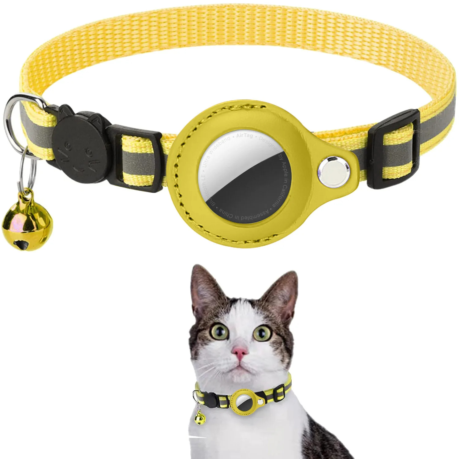 Gato airtag titular colar breakaway tiras reflexivas ajustável gatinho colar à prova dwaterproof água gato sino colar pet air tag caso: YELLOW
