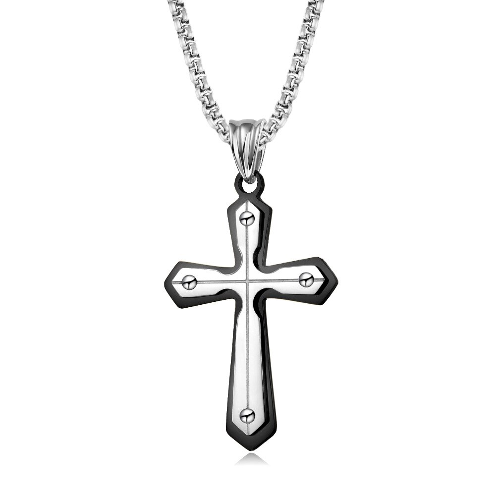 JESUS Multi-Layer Cross Pendant Necklaces Christian Stainless Steel Payer Necklace for Men Him Male Jewelry: Black-2