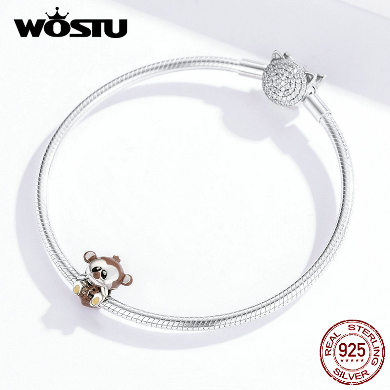 WOSTU Real 925 Sterling Silver Naughty Monkey Animal Beads Brown Charms Fit Original Bracelet Necklace For Women Jewelry CTC125