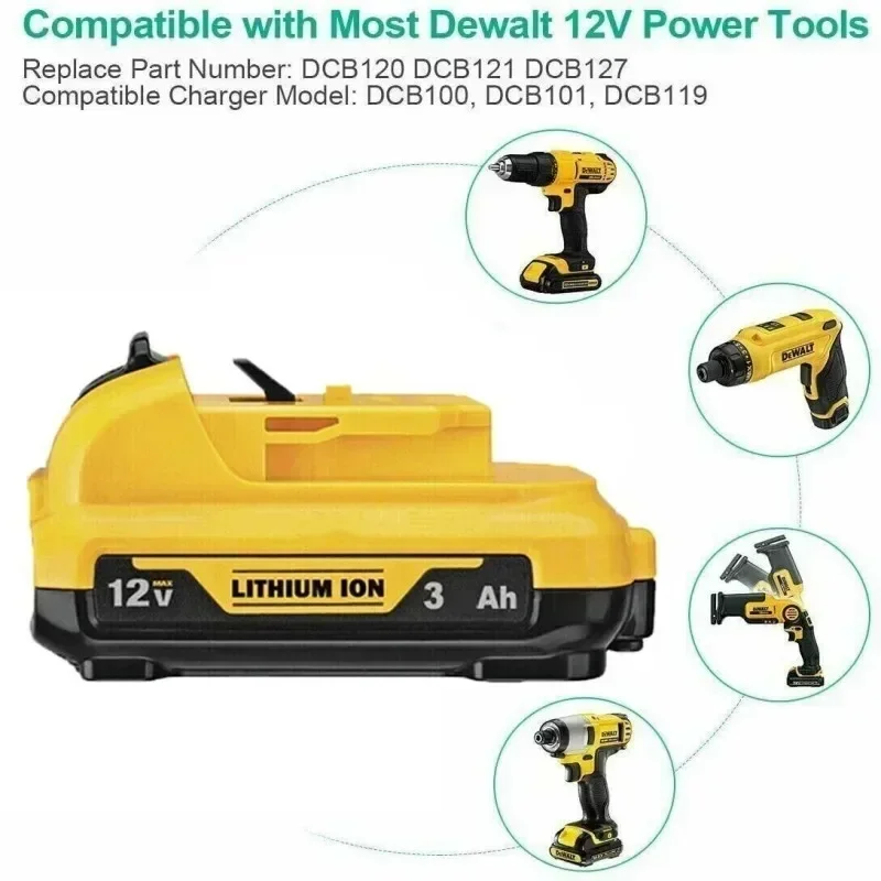 3000 mah 12v volt max litiumjonbatteriersättning för dewalt dcb 120 dcb 123 dcb 122 dcb 127 dcb 124 dcb 121 laddningsbara batterier