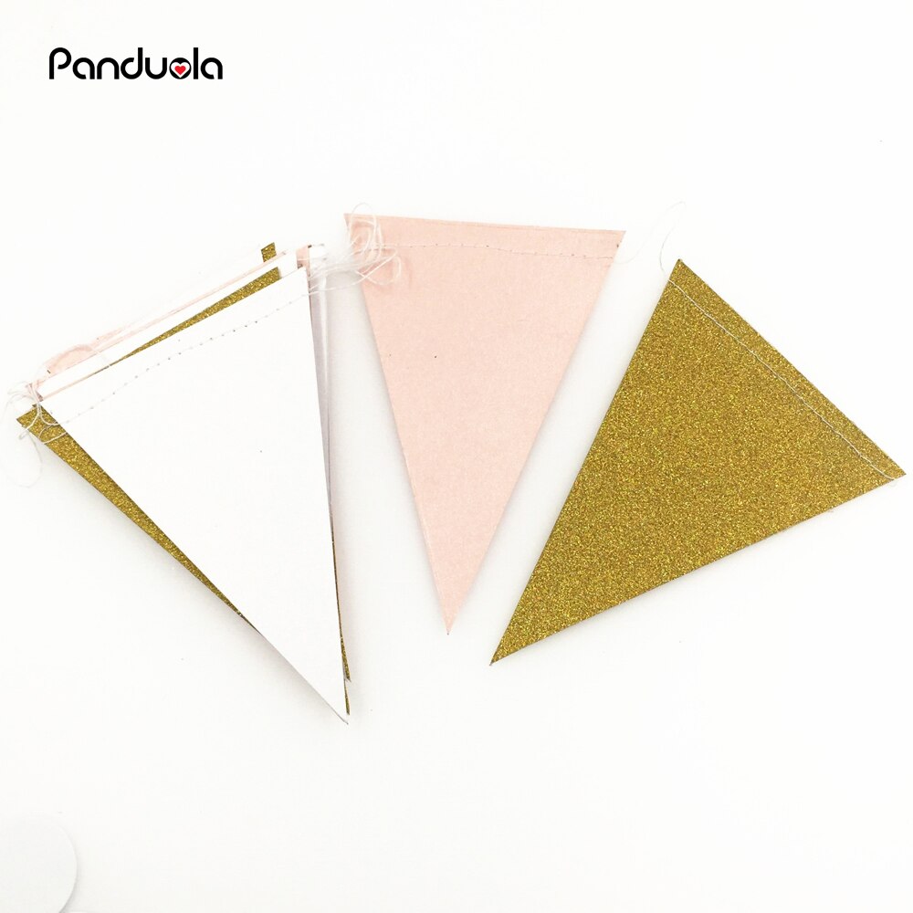 Banderines de bandera de oro blanco rosa, guirnalda de banderín de papel brillante para boda Teepee Deco de cumpleaños Nurser