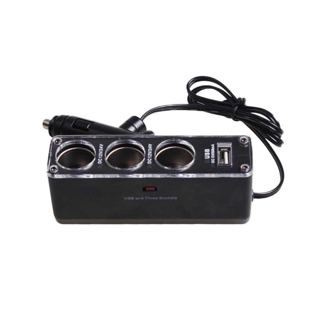 1 divisor de enchufe de encendedor de coche de tres vías 12V/24V con adaptador de cargador con puerto Usb negro