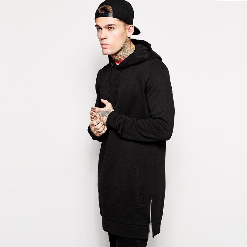 men's hip hop fleece sweatshirts with hoody side zip to hem long sweat shirt men longline hoodies for men